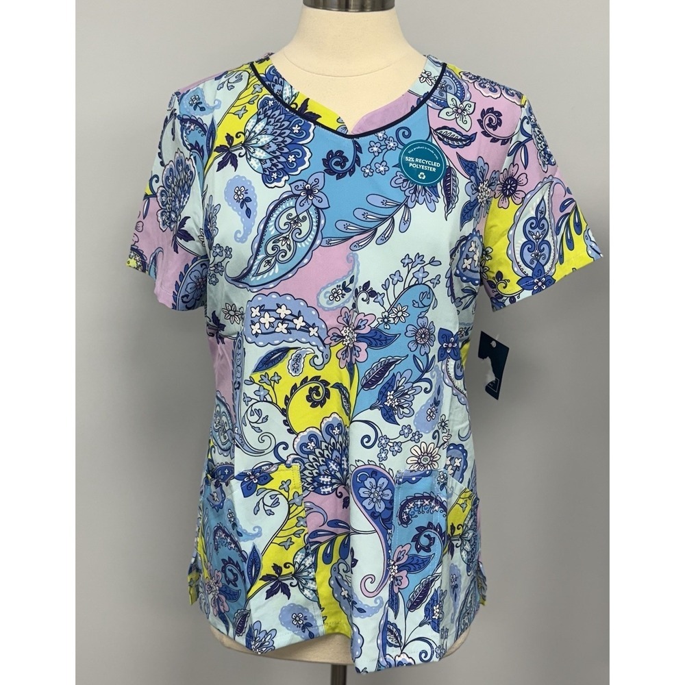 NWT Cherokee Scrub Top L Multicolor Paisley Persian Floral Scrubs Nurse Uniform
